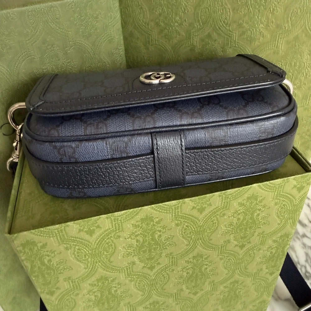 Gucci Ophidia Super Mini Shoulder Bag Navy Blue GG Supreme canvas, NEW 795466